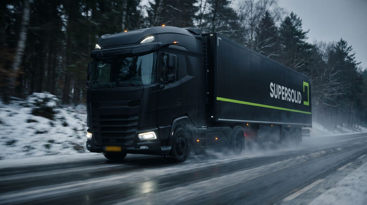 A SuperSolid DAF XG with refrigerated trailer on a snow-lined European motorway in winter light