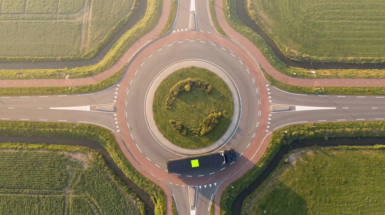 Top-down aerial view of a Dutch roundabout as a perfect circle, with a single SuperSolid truck on the ring